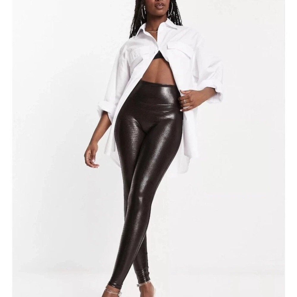 SPANX Womens Szโ Medium Brown Faux Leather Croc Shine Leggings Stretch